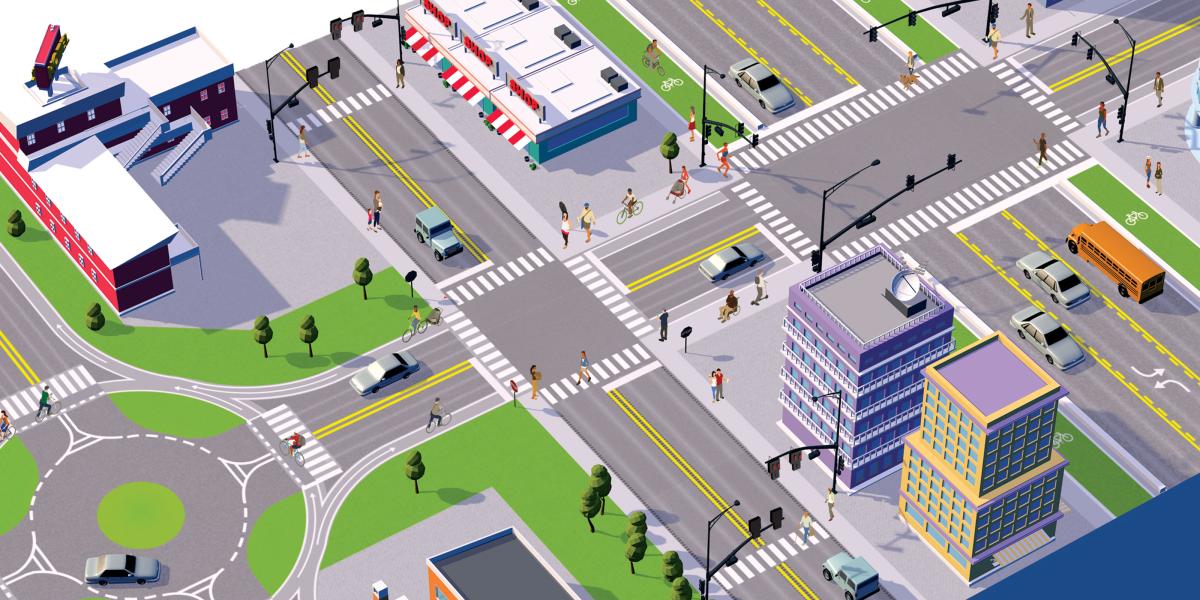 Illustration of city streets that makes use of Safe Systems safety measures.