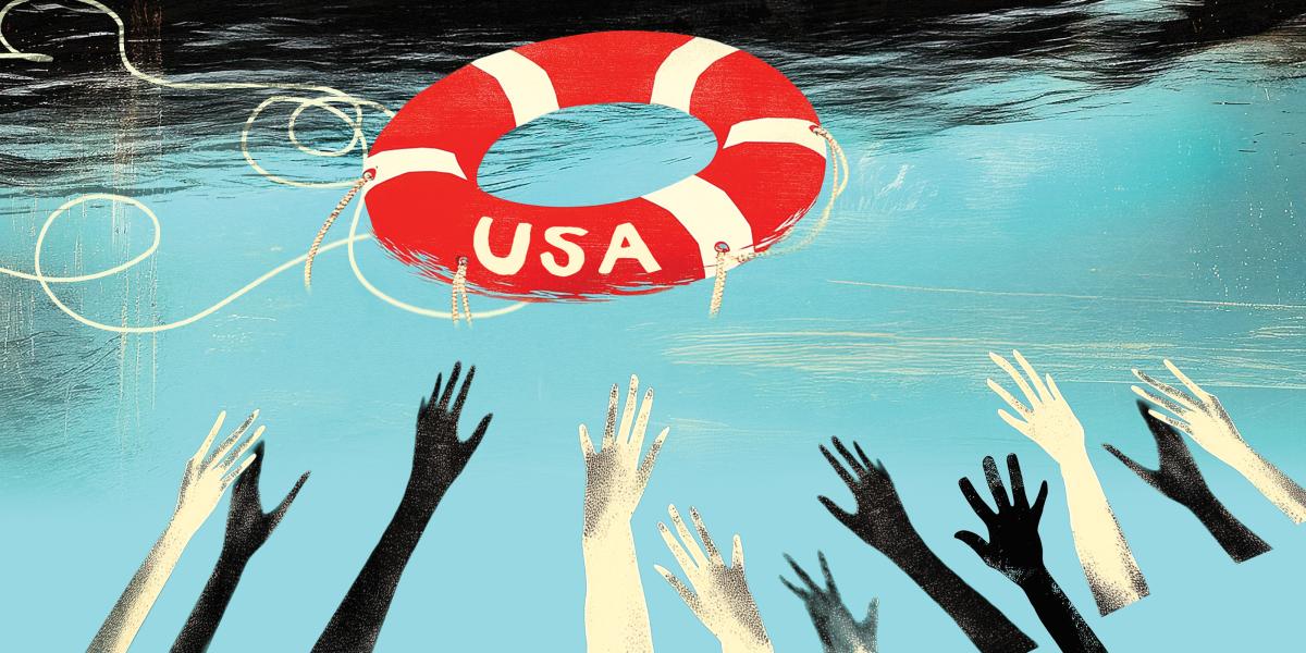 Hands reach out of an ocean towards a flotation ring marked U S A.