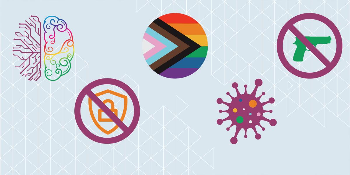 A series of icons including a brain, a virus, a LGBTQ+ symbol, a no guns symbol, and a no lock symbol.