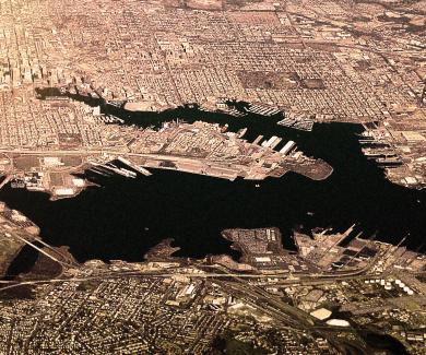 An aerial shot of the city of Baltimore.