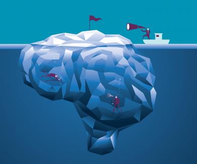 Illustration of scuba divers swimming around a giant brain