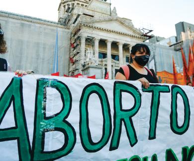 Argentine demonstrators voice support for the decriminalization of abortion outside the National Congress building on September 28, 2020, in Buenos Aires.