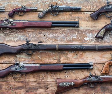 an array of antique handguns and long guns