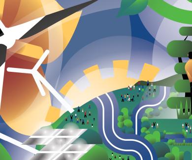 An illustration depicting a landscape with solar panels, wind turbines, a river, people, and trees, emphasizing renewable energy and nature.