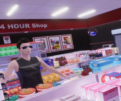 A graphic simulation of a. convenience store. A man wearing sunglasses stands at the counter.