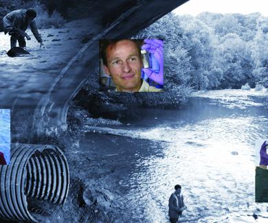 photo of researchers taking water samples in streams leading to the Gwynns Falls with inset photos of Kellogg Schwab and Rolf Halden