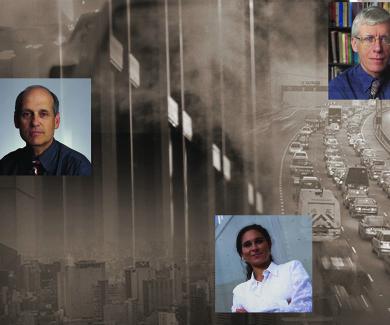 background photo of smoggy city with inset photos of Scott Zeger, Francesca Dominici, and Jonathan Samet