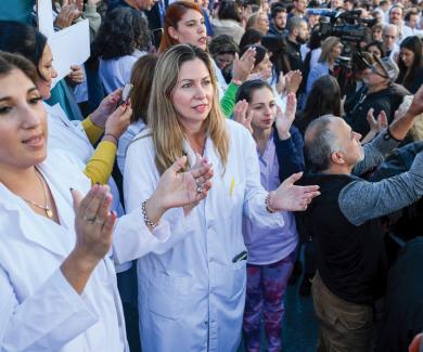 University of Buenos Aires medical teachers and students protest President Javier Milei’s decision to freeze the university’s budget despite 276% year-on-year inflation rate on April 18, 2024.