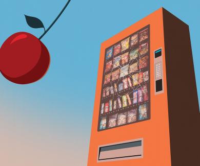 Cherry swinging in front of a vending machine