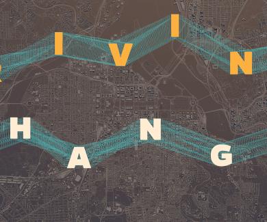 The words driving change over a transportation map.