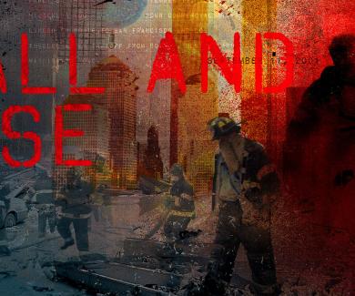 illustration of a New York street in 9/11's aftermath; firefighters search debris; text on the image reads Fall and Rise