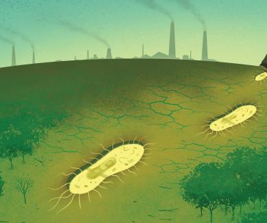 A person walks across a landscape out of a forest. Their footprints are bacteria. There are smokestacks from industry in the distance.