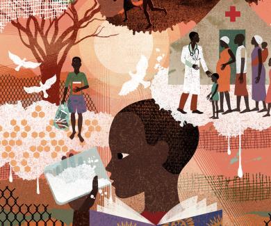 An illustration of a young boy drinking milk, visiting a doctor with a line of people in a displacement camp, and carrying his books to school.