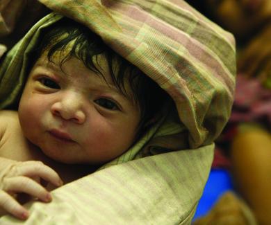 a newborn baby swaddled in a tan and red plaid blanket