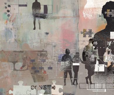 A photocollage of images, including silhouetted figures, firearms, puzzle pieces, fragments of photographs and words, and paintlike textures.