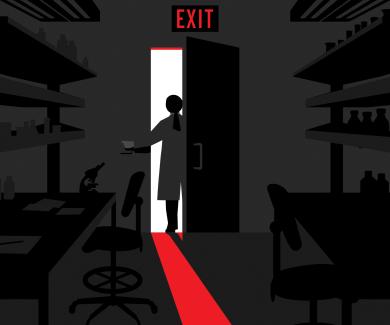 A silhouette of a scientist leaving their laboratory, the light from the doorway creates a red glow.