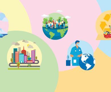 A series of colored circles and graphics, including an iceberg, a city with roads, a doctor looking a globe, a group of people standing on the earth, and a recycling symbol with a food bag in front of it.