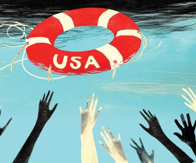 Hands reach out of an ocean towards a flotation ring marked U S A.