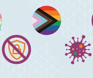A series of icons including a brain, a virus, a LGBTQ+ symbol, a no guns symbol, and a no lock symbol.