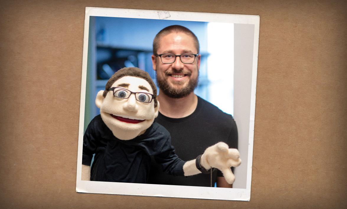 Researcher with a felt dummy